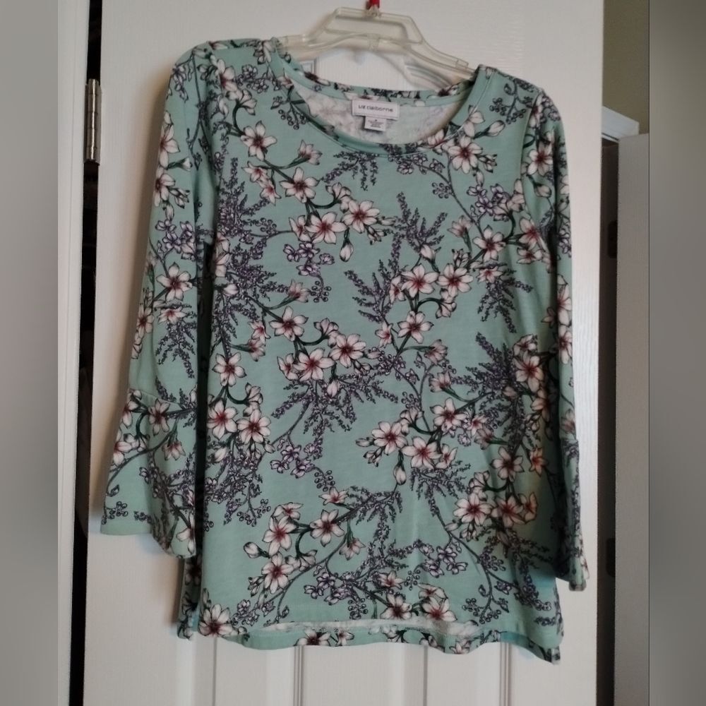 Liz Claiborne Seafoam Green Floral Bell Sleeve Top Size M